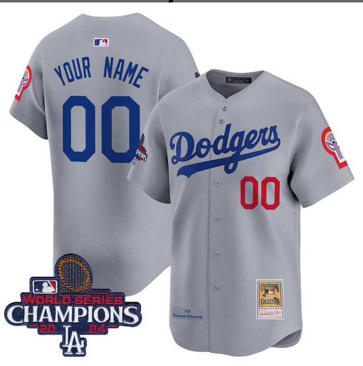 Men MLB Los Angeles Dodgers Custom grey 2024 World Series Champions Patch Cooperstown Jersey->customized mlb jersey->Custom Jersey